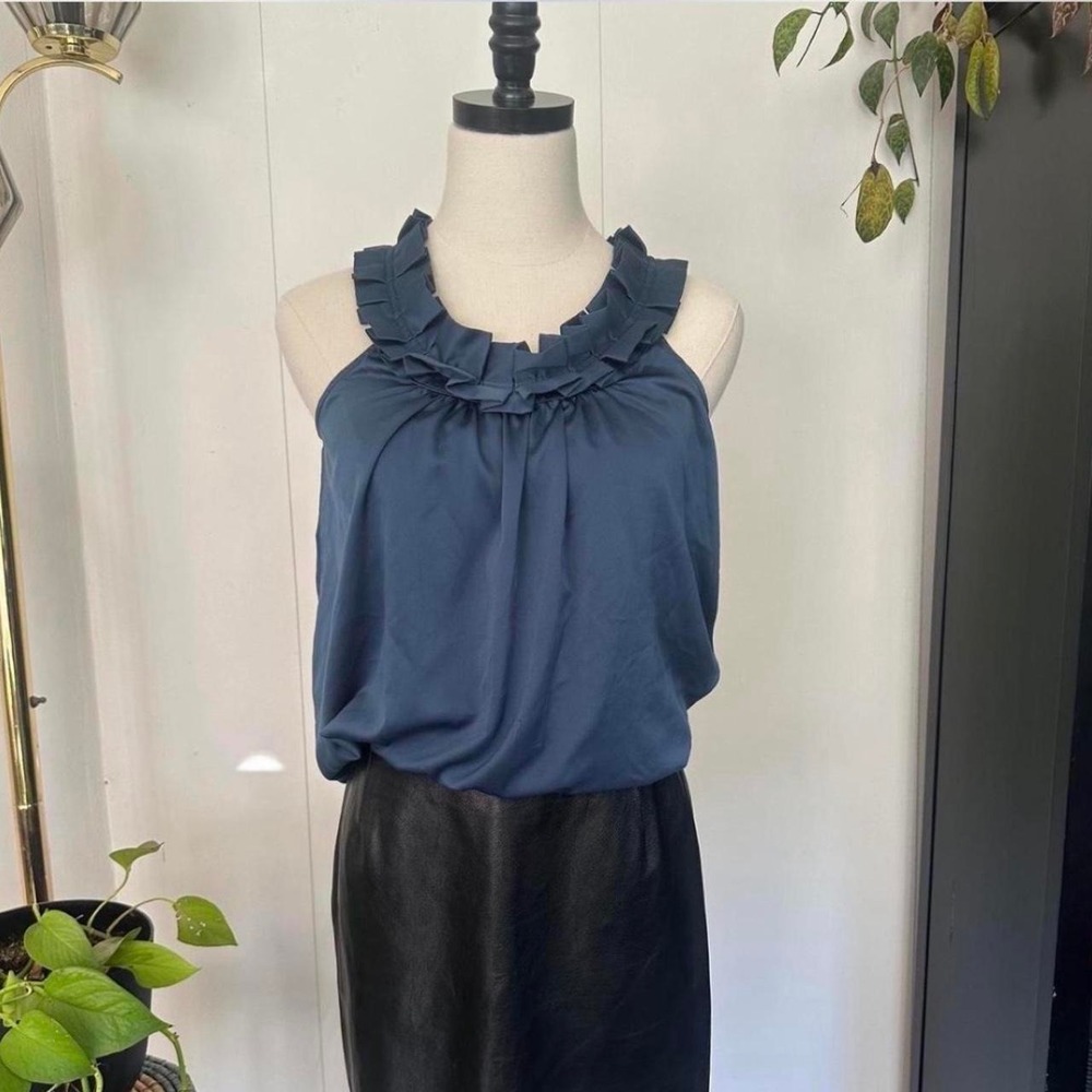 Forever 21 Navy Blue Satin Ruffle Tank Top Blouse Y2K Sleeveless Workwear Small